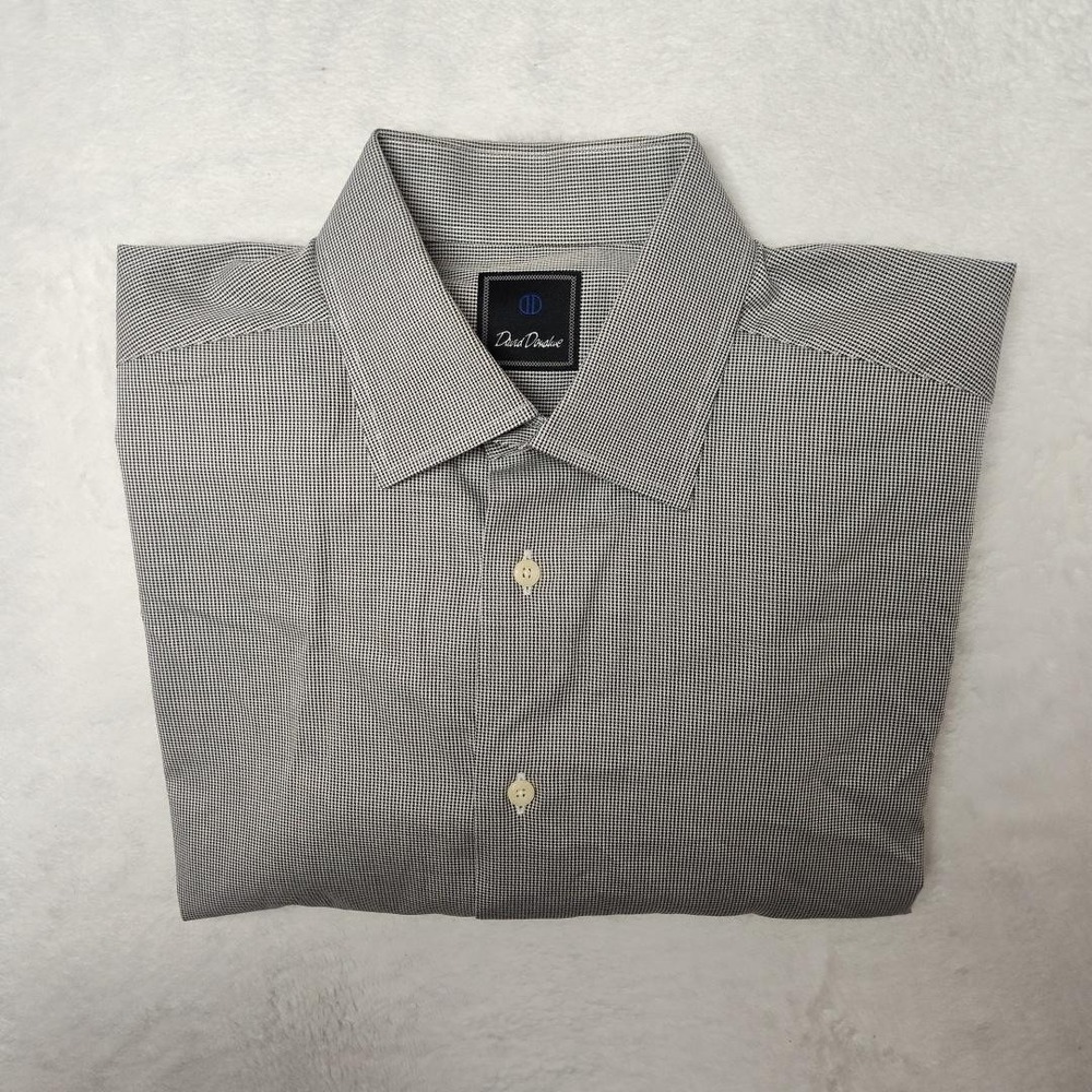 David Donahue Shirt Mens XL Gray Houndstooth Dress Long Sleeve Spread Collar